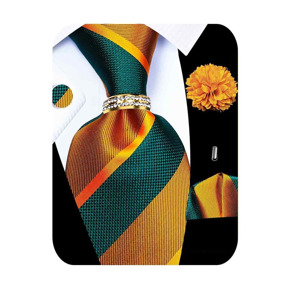 1644 5PCS Gold Green Tie Pocket Square , Silk Necktie